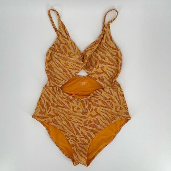 Aerie Twist Front Cut Out Full Coverage One Piece Swimsuit Women Large Orange - Picture 3 of 9